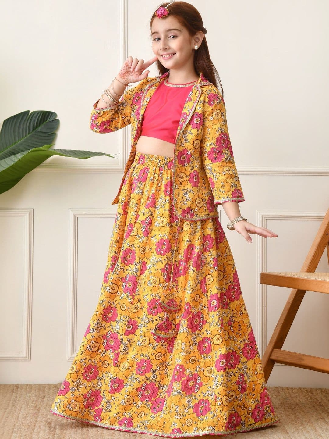 House of Pataudi Floral Printed Cotton Round Neck Lehenga With Choli & Jacket - view 1