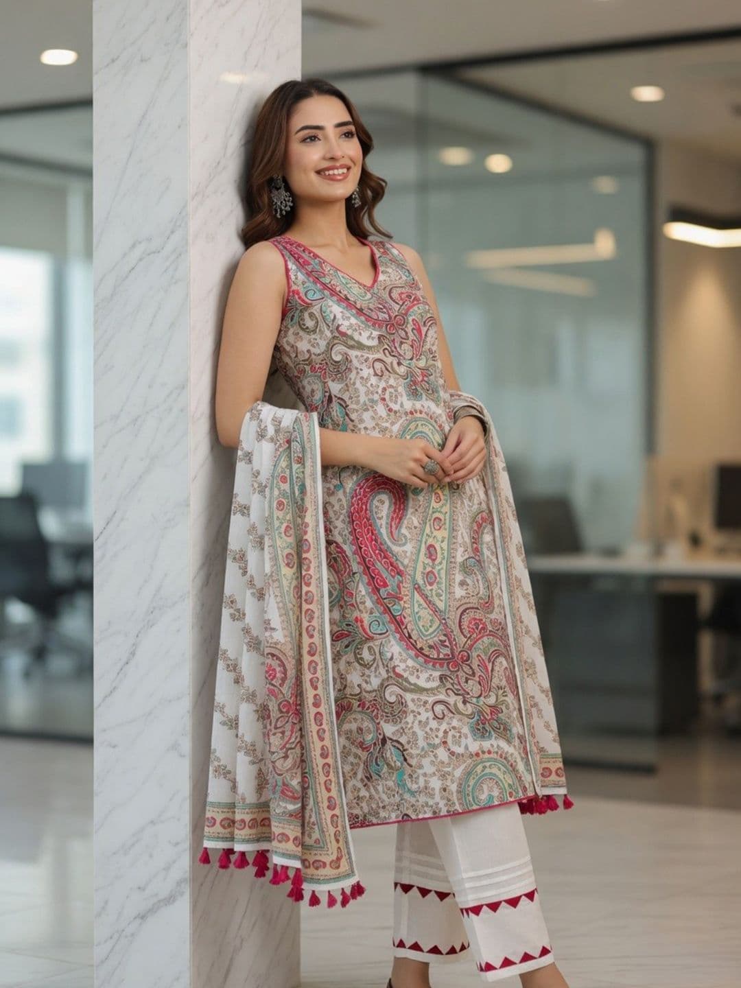 Rain & Rainbow Women Ethnic Printed Regular Pure Cotton Kurta With Trousers & Dupatta - view 1