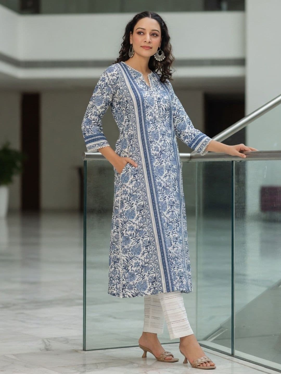 Rain & Rainbow Blue Floral Printed A-Line Pure Cotton Kurta - view 1