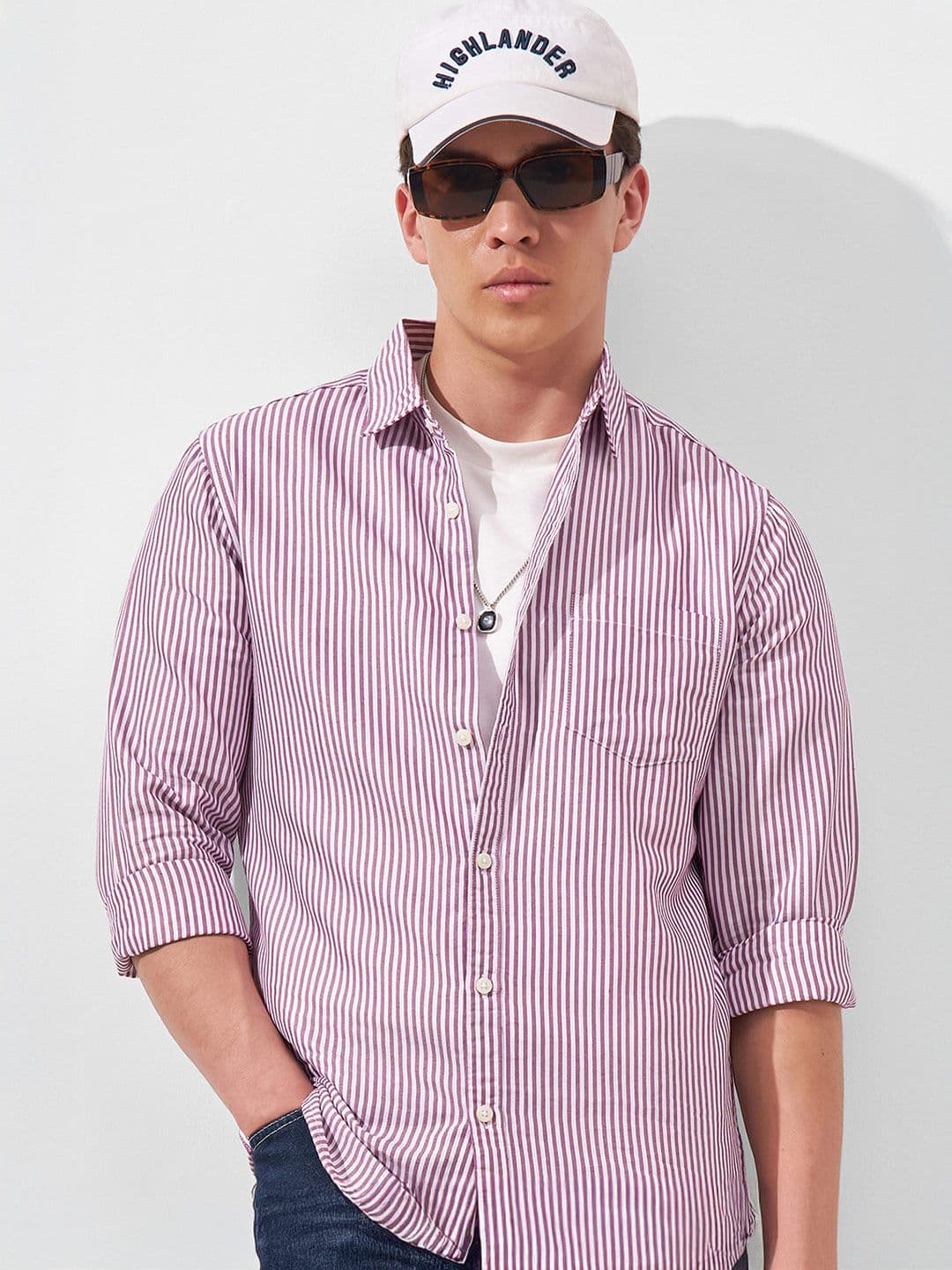 HIGHLANDER Lavender Slim Fit Vertical Striped Spread Collar Chest Pocket Casual Shirt - view 1