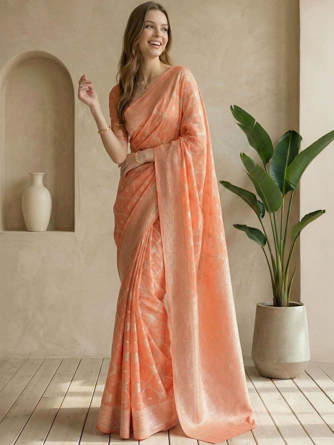 Anouk Women Peach Geometric Woven Design Saree with Blouse Piece - view 1