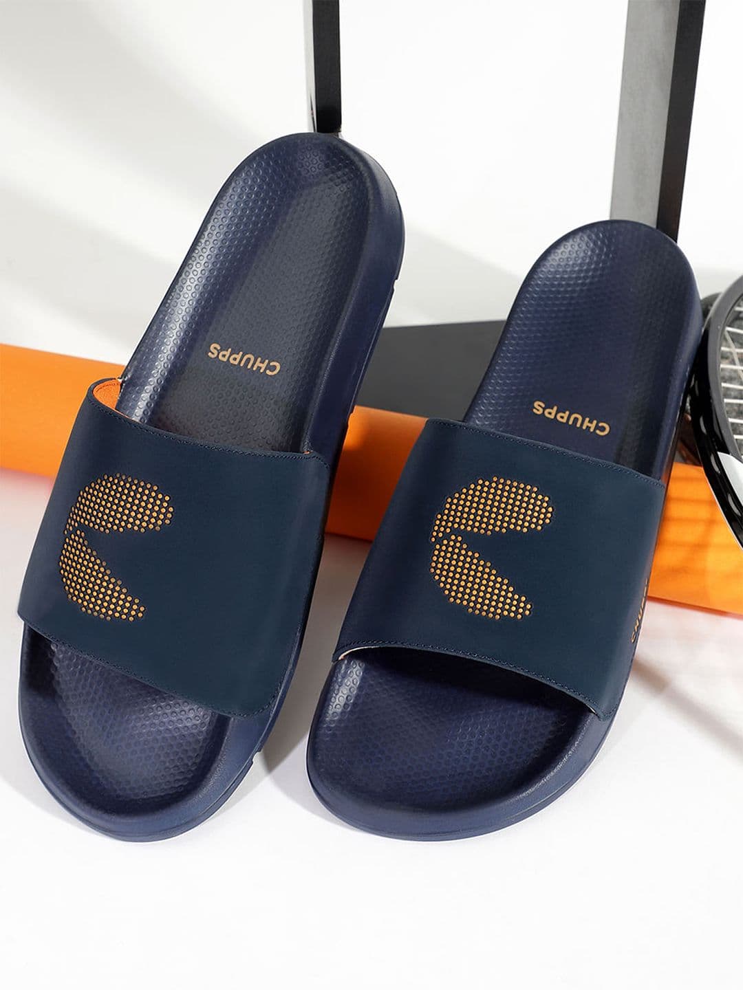 CHUPPS Men Navy Orange Dot Fusion Ergo-X Orthopedic Sliders - view 1