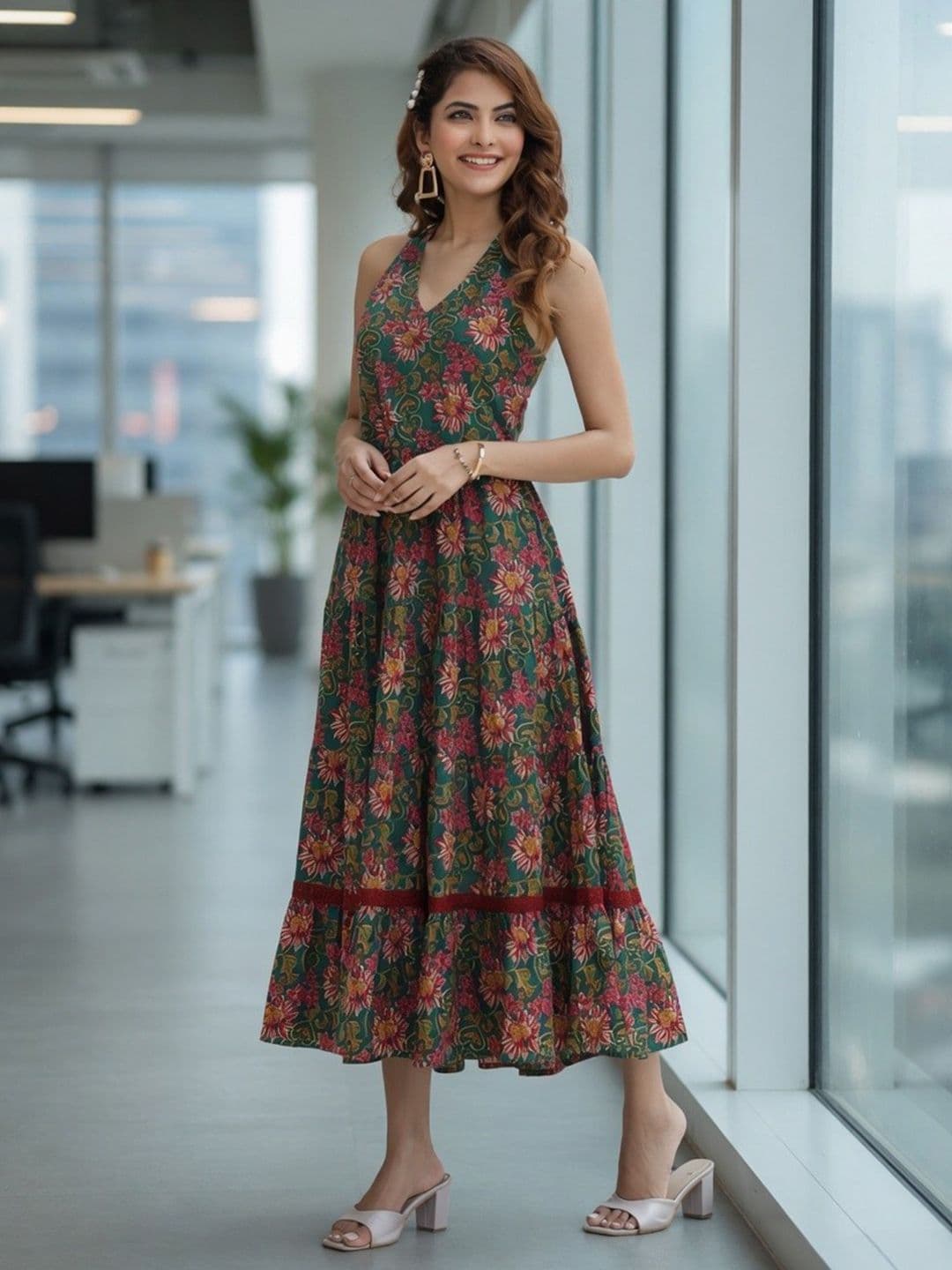 Rain & Rainbow Women Green & Maroon Floral Printed Tiered Fit and Flare Dress - view 1