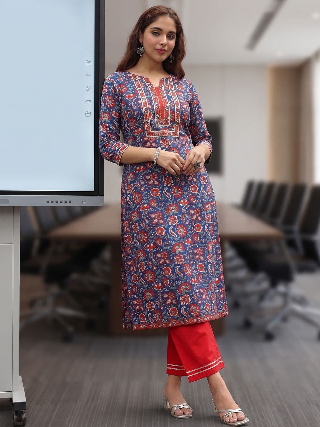 Rain & Rainbow Floral Printed Notch Neck Thread Work Pure Cotton A-Line Kurta - view 1