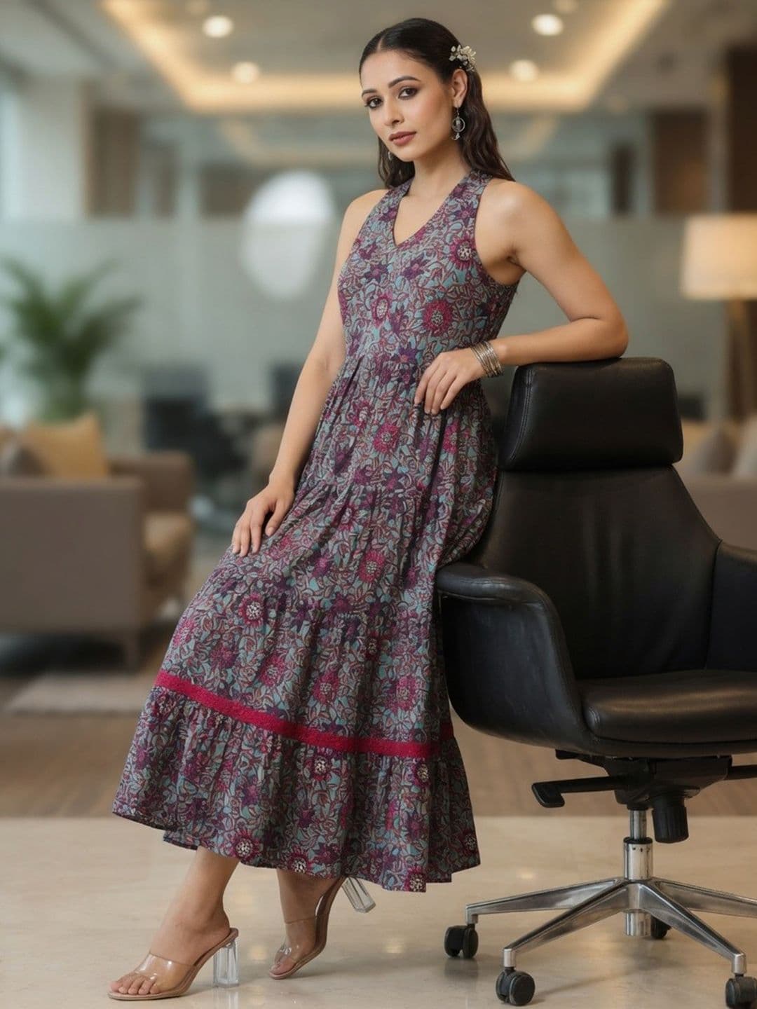 Rain & Rainbow Printed Pure Cotton Flared Sleeveless Dress - view 1