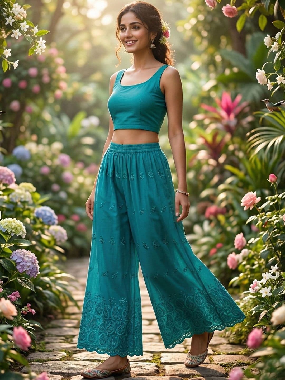 AVEE FASHION Women Paisley Embroidered Flared Knitted Crepe Ethnic Palazzos - view 1