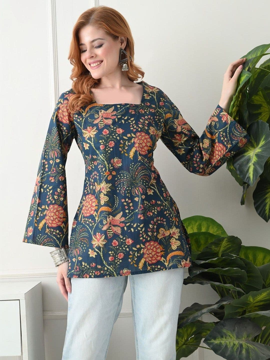 KJFAB Floral Printed Square Neck Flared Sleeves Pure Cotton Kurti - view 1