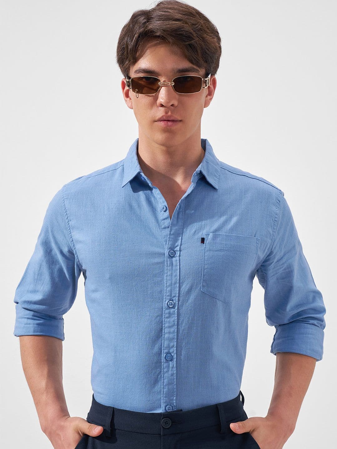HIGHLANDER Men Blue Cotton Linen Slim Fit Casual Shirt - view 1