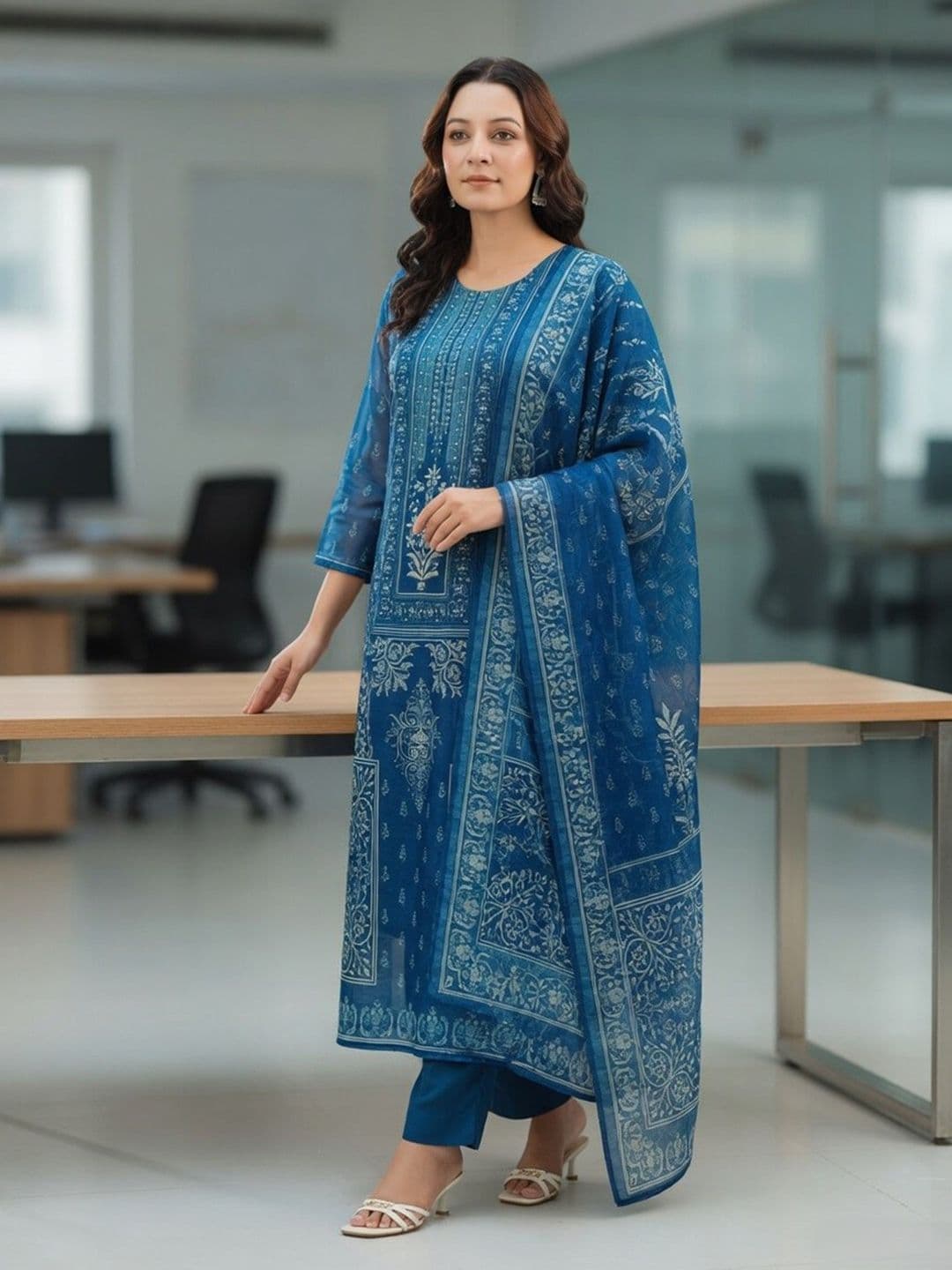Rain & Rainbow Women Ethnic Motifs Printed Kurta with Trousers & Dupatta Cotton Set - view 1