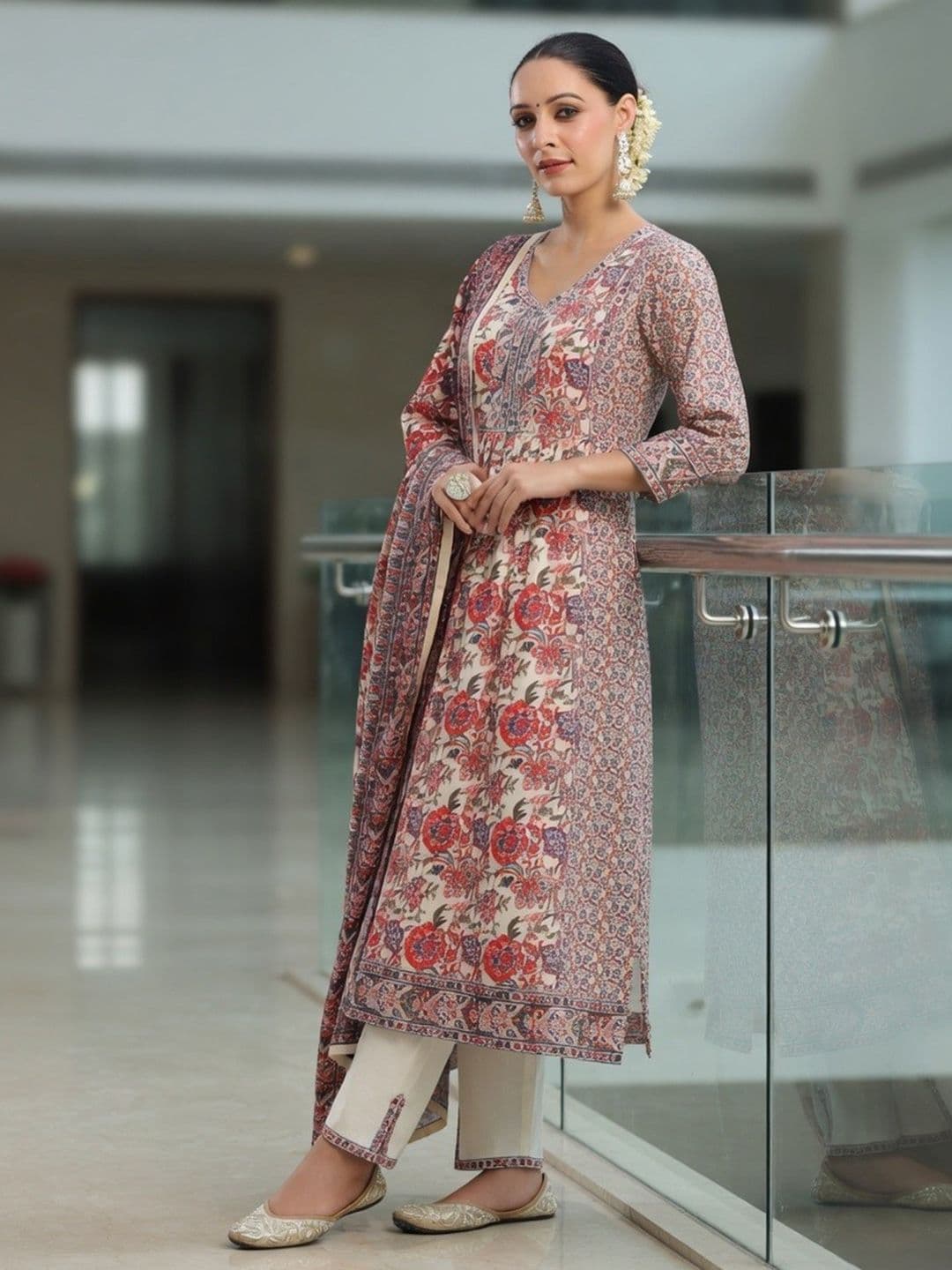 Rain & Rainbow Floral Printed Sequinned Pure Cotton Kurta & Trousers Dupatta Set - view 1