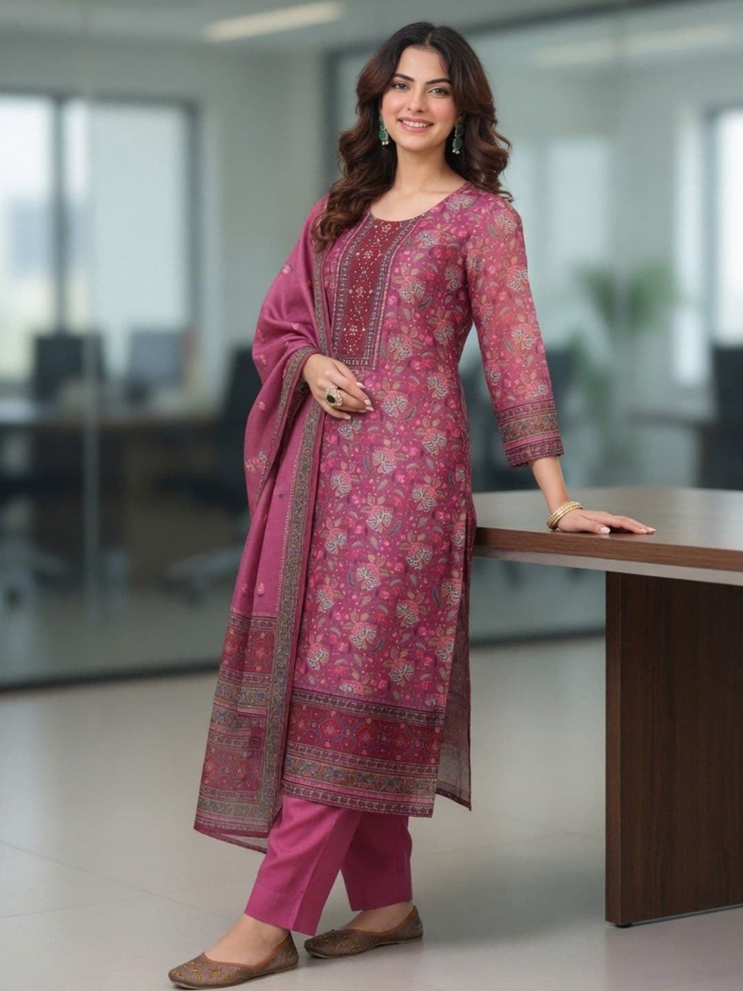 Rain & Rainbow Women Ethnic Motifs Thread Work Pure Cotton Kurta with Trousers & Dupatta - view 1