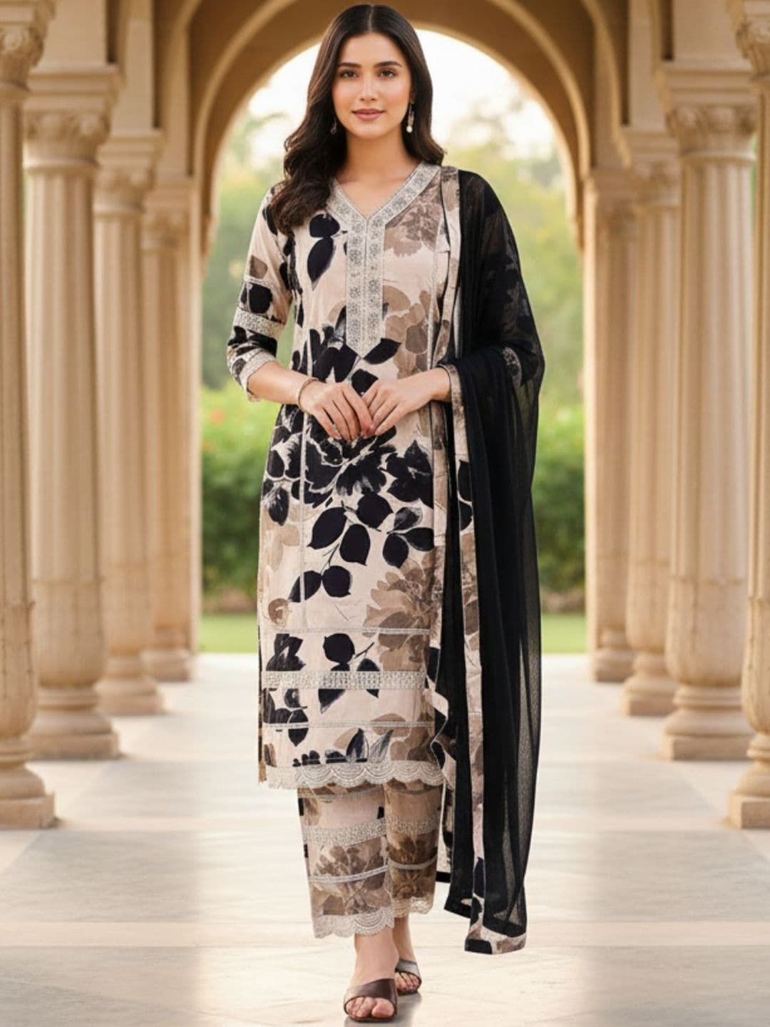 all about you Women Floral Printed Regular Thread Work Kurta with Trousers & With Dupatta - view 1