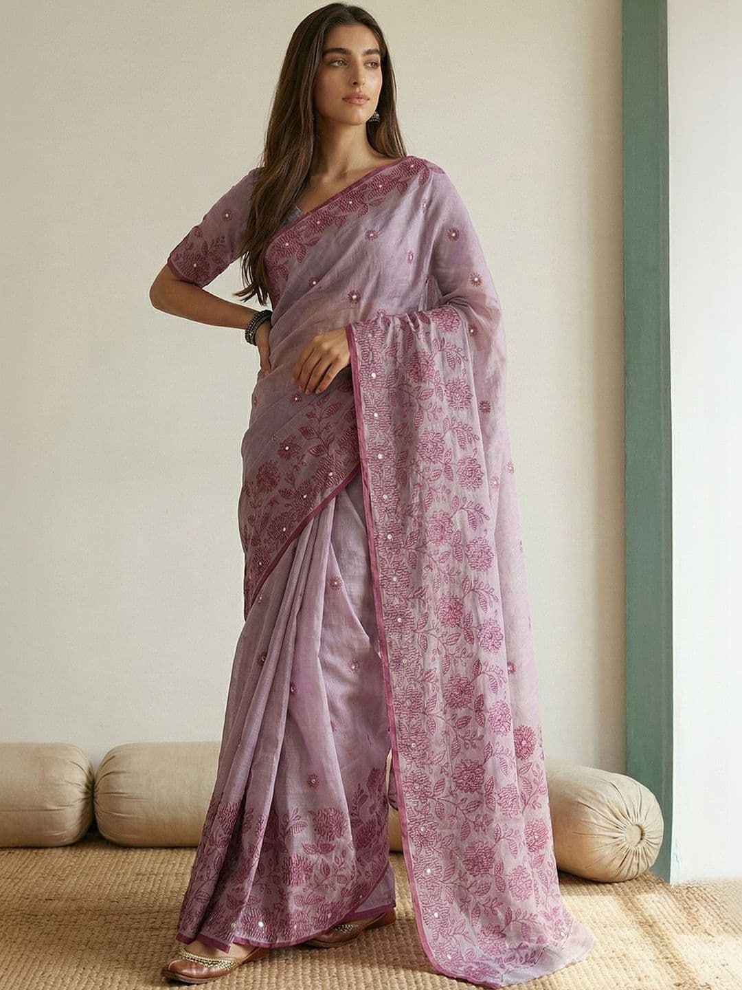 Anouk Women Purple Cotton Kantha Embroidered Saree with Unstitched Blouse Piece - view 1