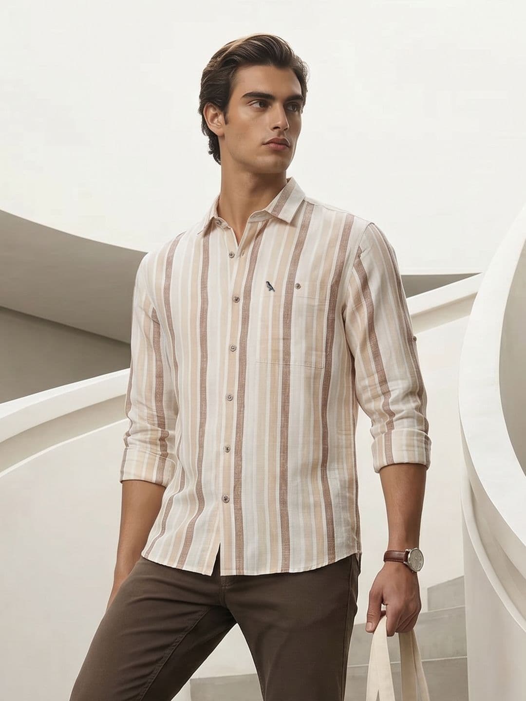 Mr Bowerbird Premium Tailored Fit Vertical Striped Cotton Linen Casual Shirt - view 1