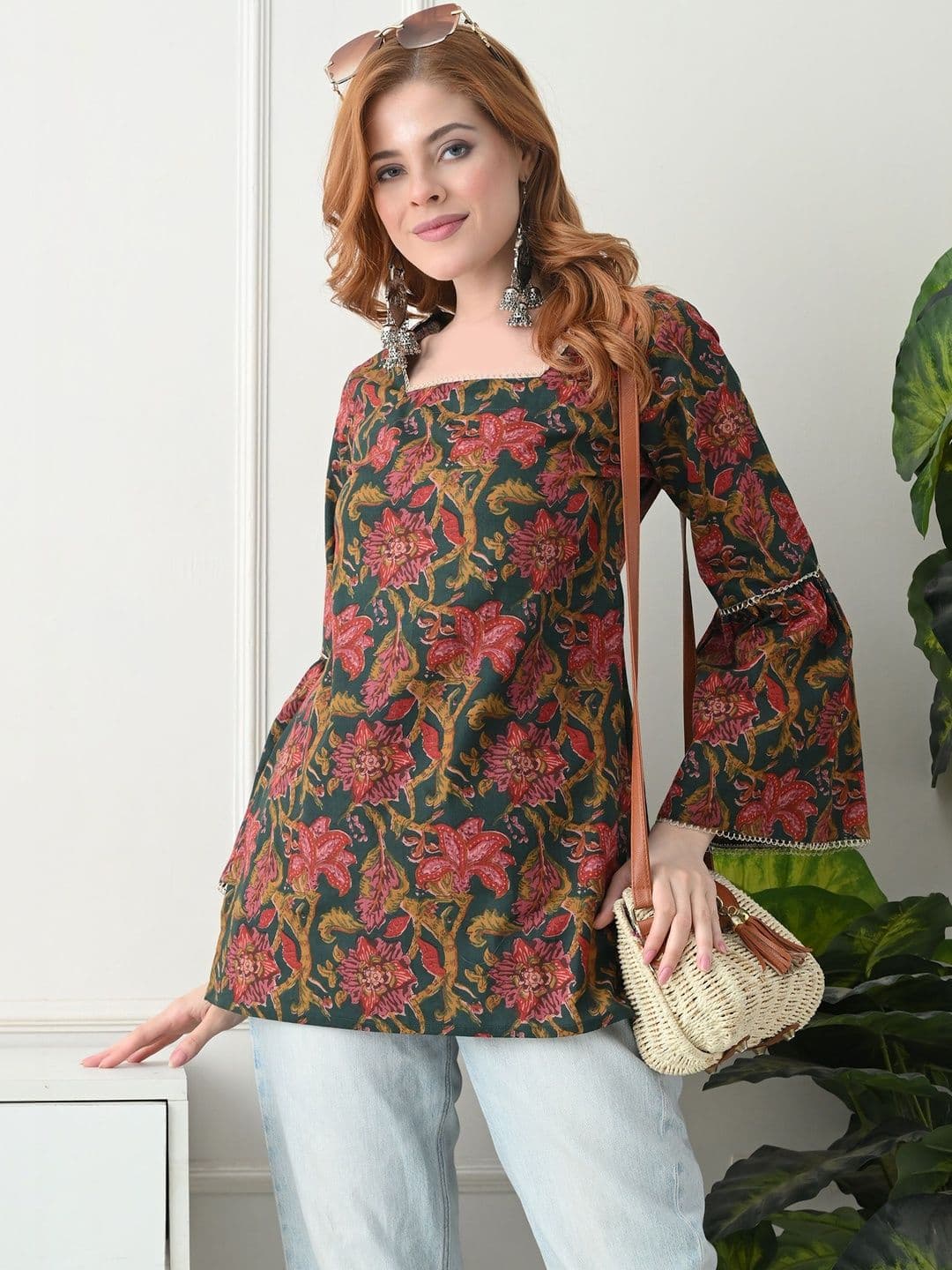 KJFAB Floral Printed Square Neck Flared Sleeves Pure Cotton Kurti - view 1