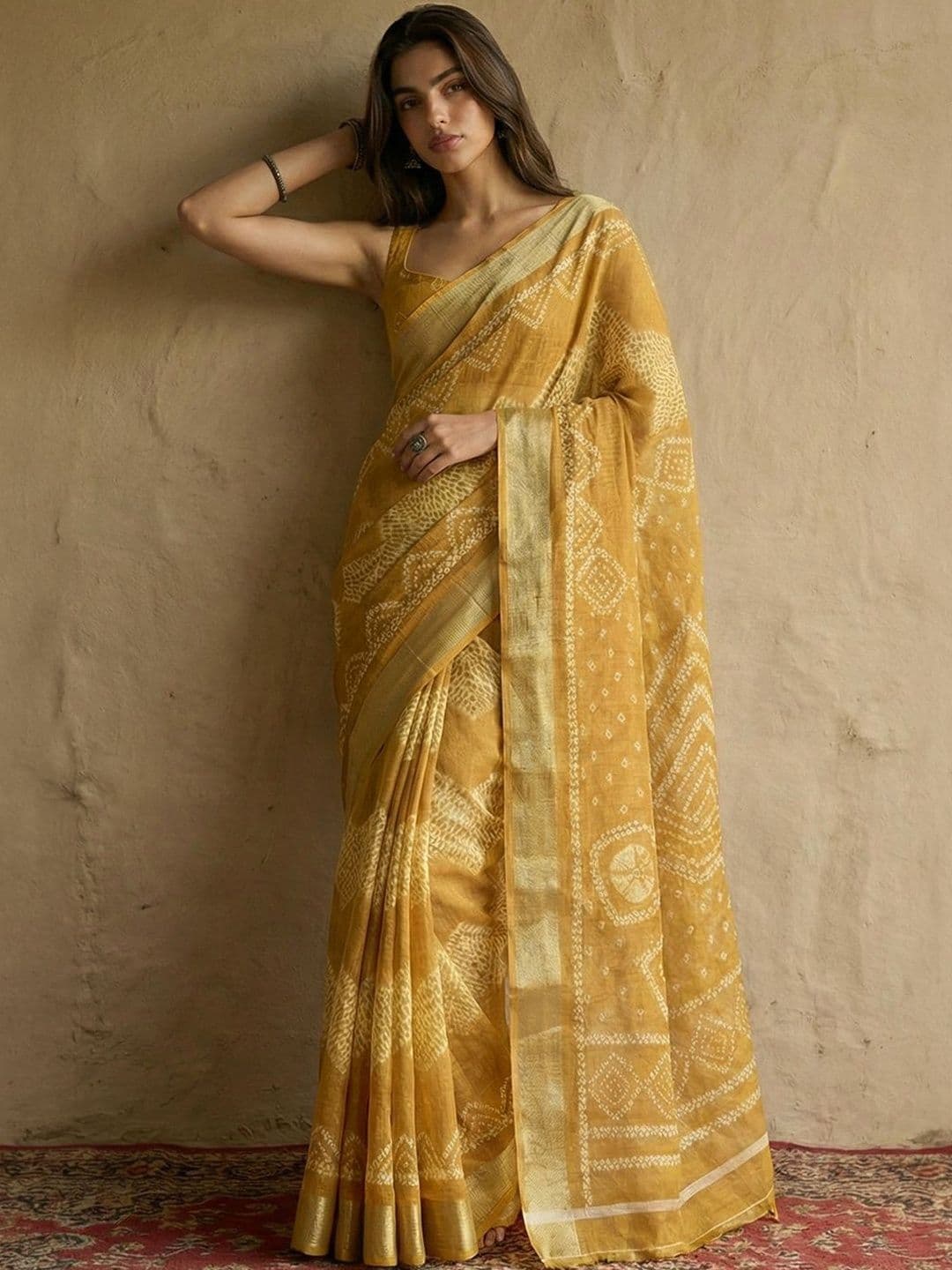 Anouk Women Mustard Ethnic Motifs Printed Saree with Blouse Piece - view 1