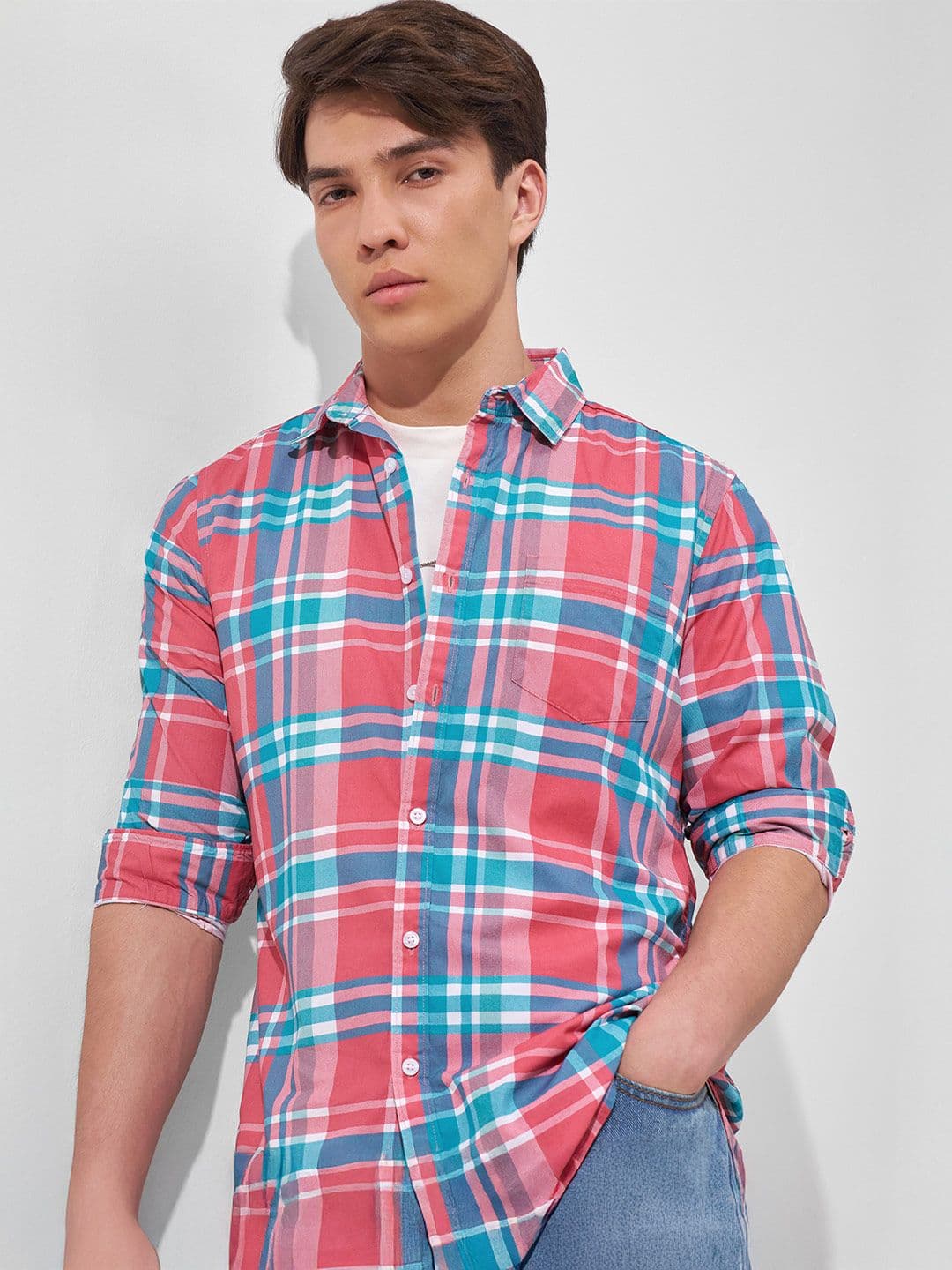 HIGHLANDER Men Pink & White Slim Fit Checked Casual Shirt - view 1