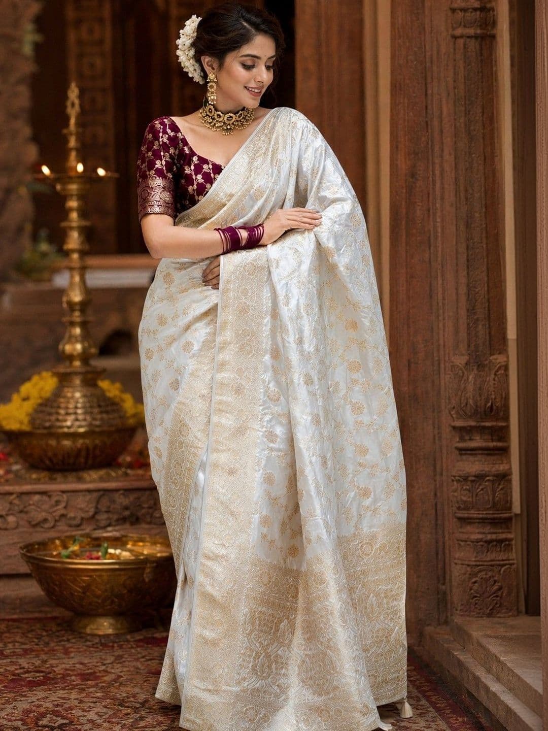 KALINI Ethnic Motifs Zari Silk Blend Banarasi Saree - view 1