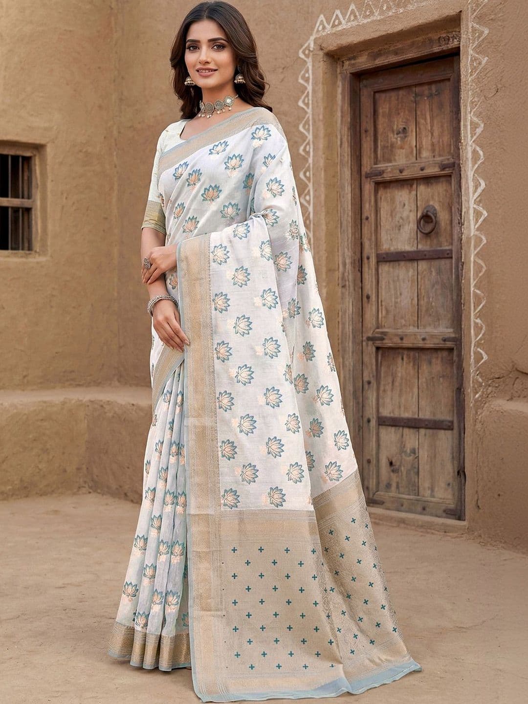 Anouk Women Teal blue Cotton Jacquard Woven Saree with Unstitched Blouse Piece - view 1