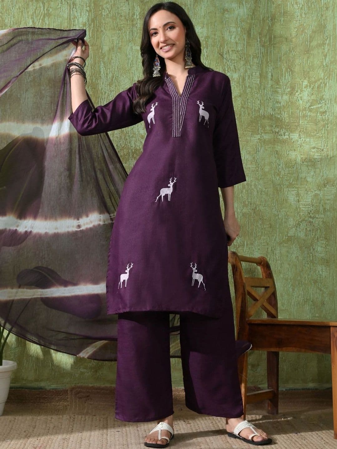 ROSHNI Women Animal Printed V-Neck Straight Cotton Kurta with Trousers & Dupatta - view 1