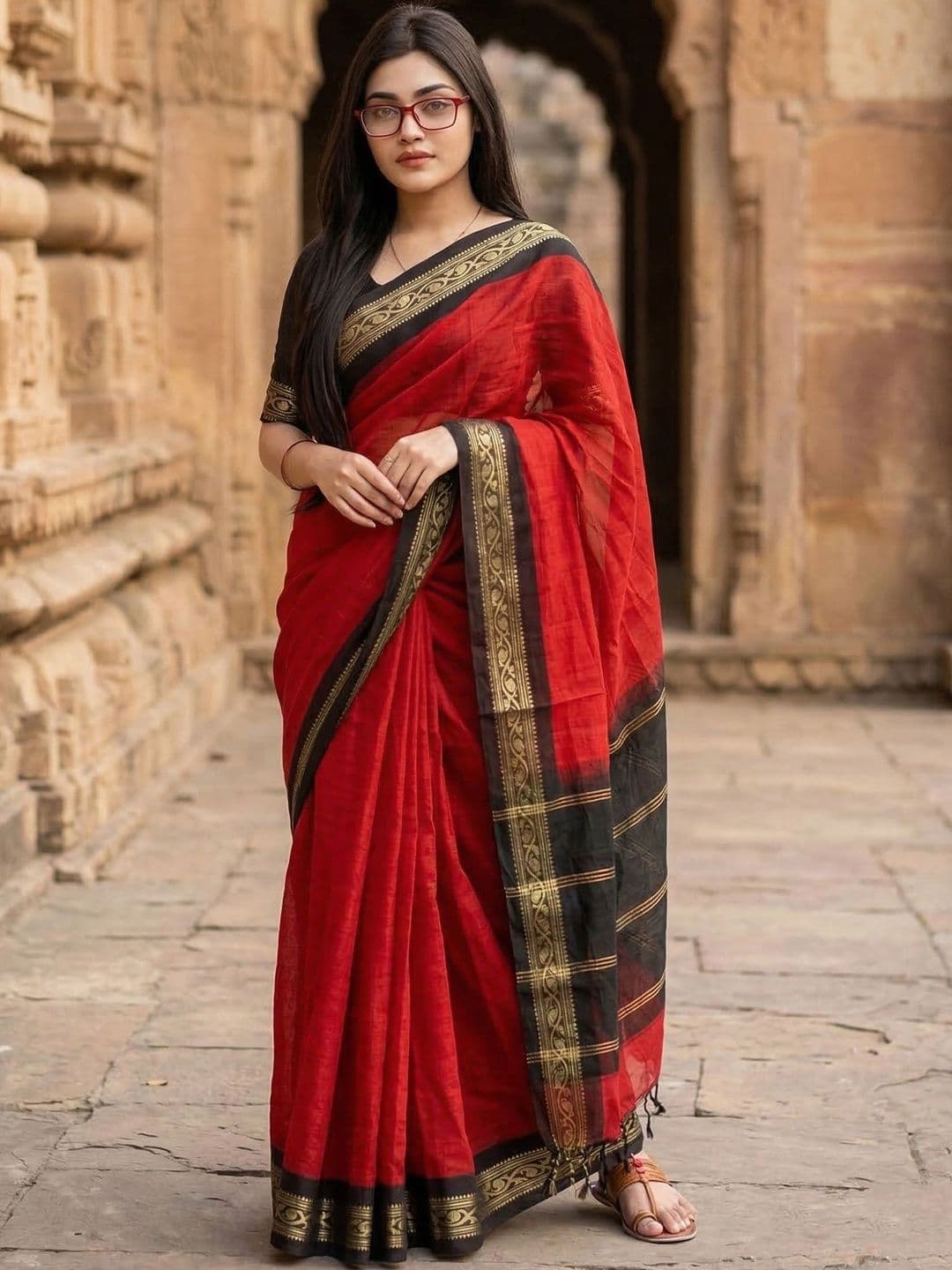 KALINI Linen Blend Designer Block Print Saree - view 1