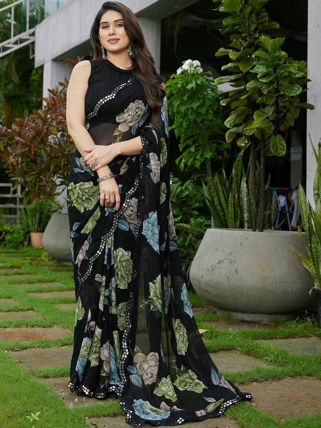 HERE&NOW Floral Mirror Work Poly Georgette Saree - view 1