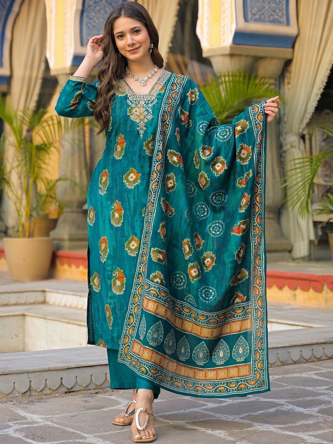 KALINI Women Ethnic Motifs Embroidered Regular Kurta with Trousers & With Dupatta - view 1