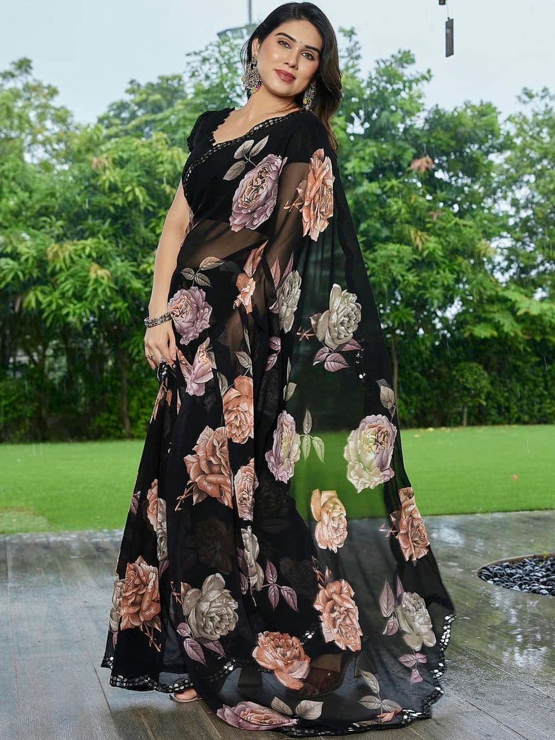 HERE&NOW Floral Mirror Work Poly Georgette Saree - view 1