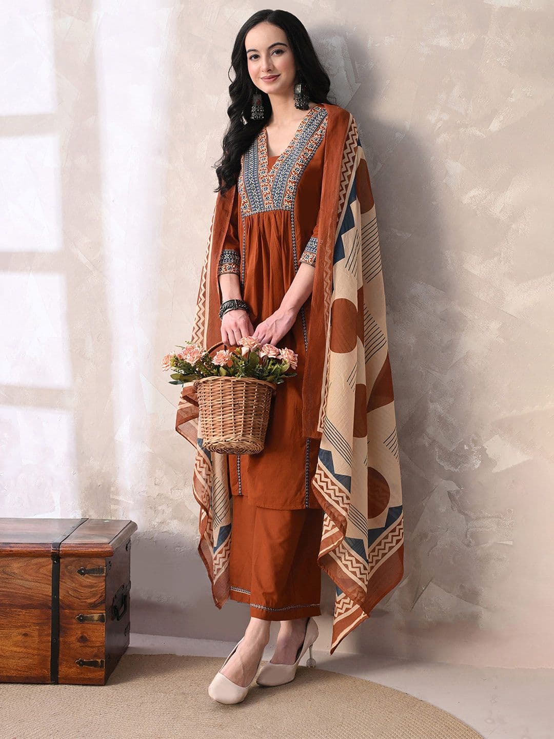MEERA FAB Floral Printed Sequinned Pure Cotton Kurta with Palazzos & With Dupatta - view 1
