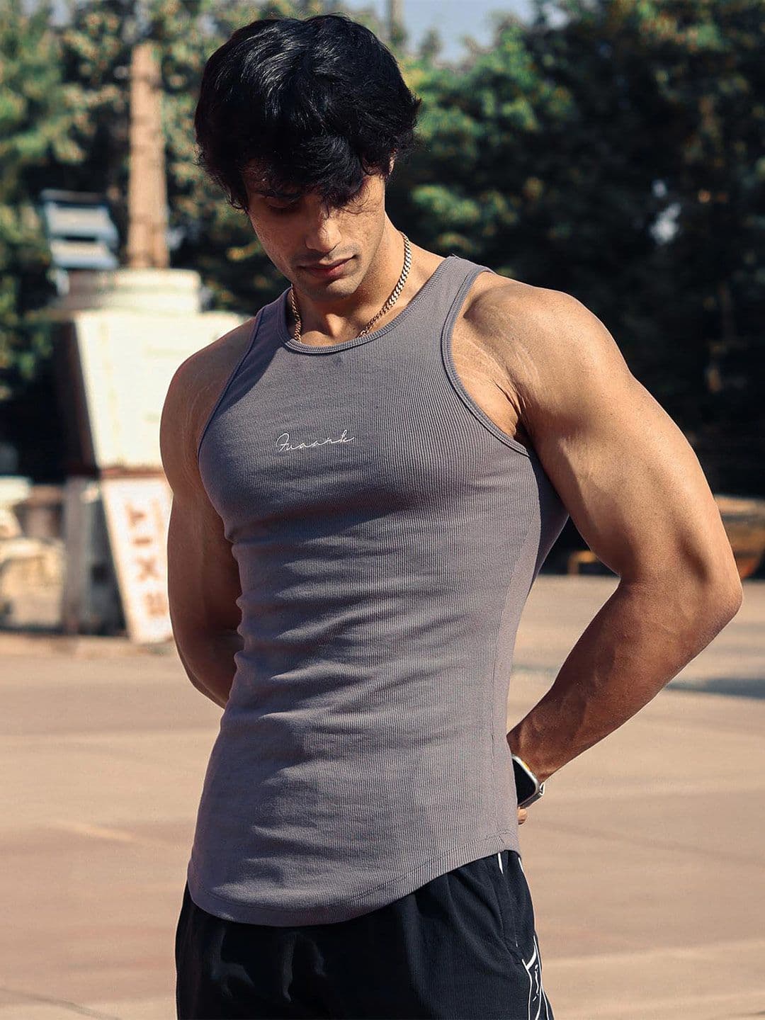 Fuaark Gym & Workout Ribbed Grey Tank For Men's - view 1