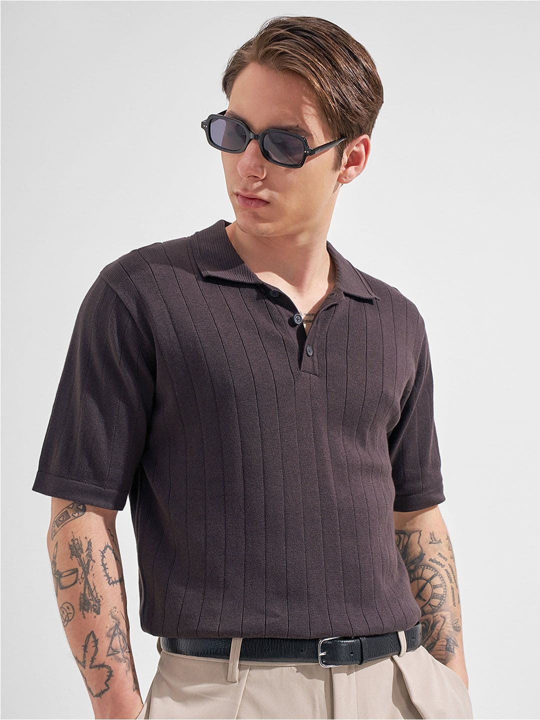 HIGHLANDER Men Relaxed Fit Brown Round Neck Half Sleeve Drop Shoulder Self Design Tshirts - view 1