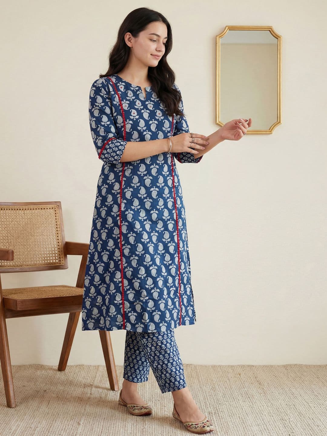 Indo Era Women Paisley Printed Panelled Mirror Work Pure Cotton Kurta with Trousers - view 1
