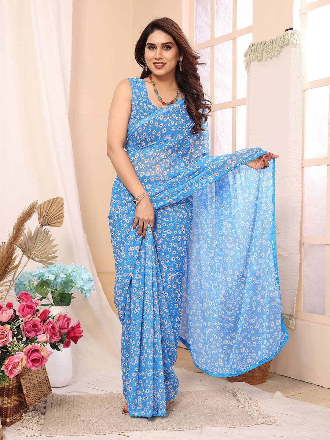 Moda Rapido Floral Micro Printed Georgette Ready to Wear Saree - view 1