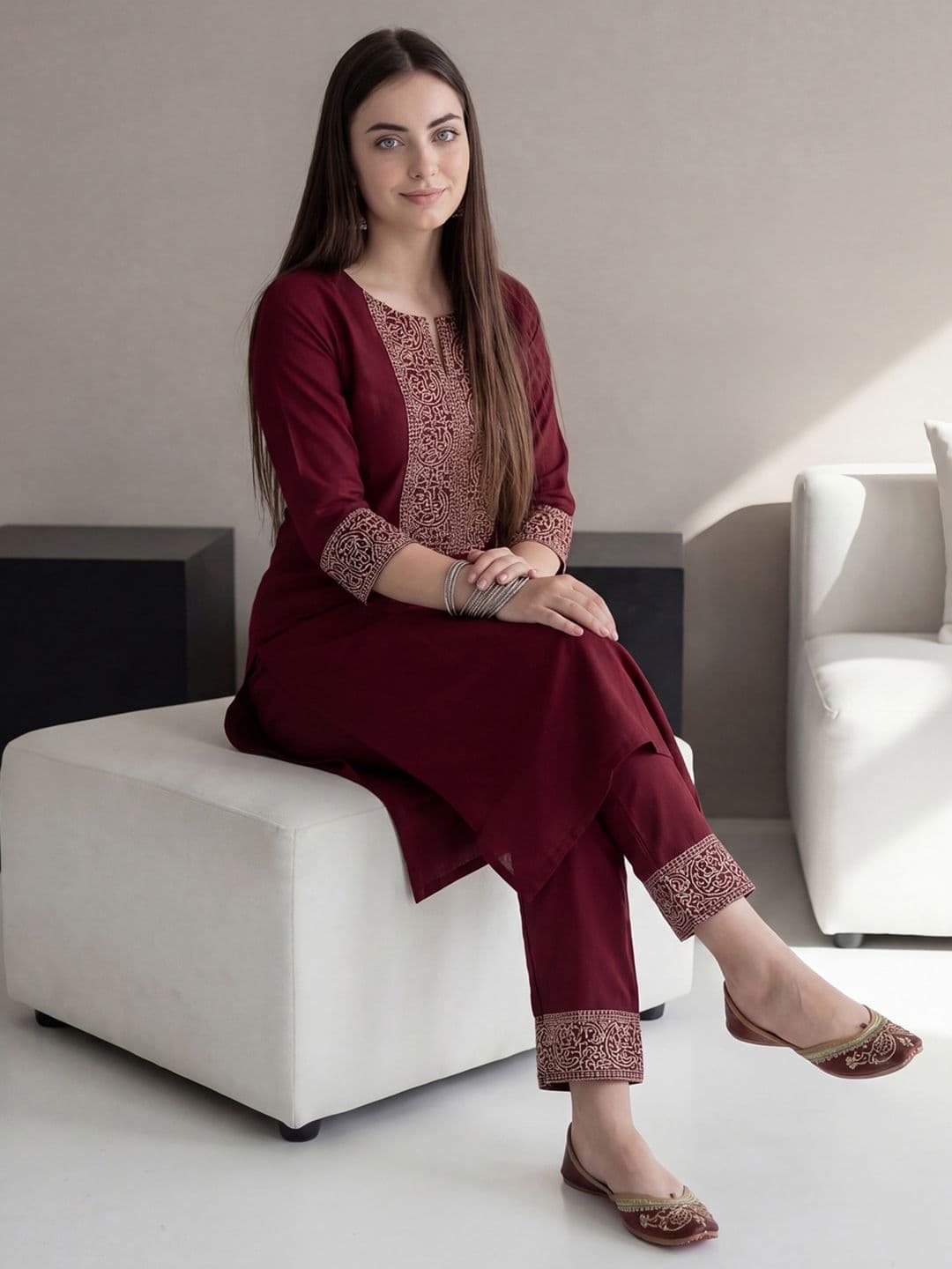 Indo Era Women Ethnic Motifs Embroidered Regular Thread Work Kurta with Trousers - view 1