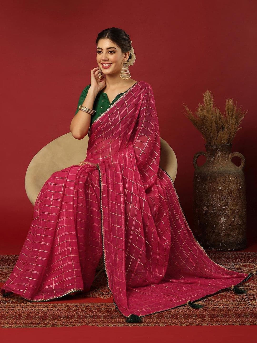 Sangria Checked Saree With Blouse Piece - view 1