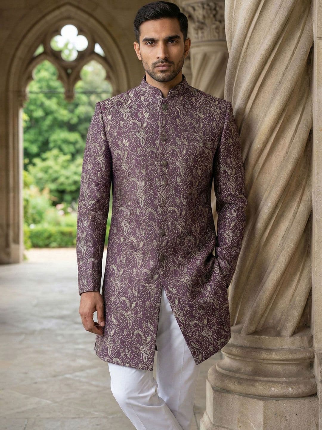 Jompers Self Design Mandarin Collar Sherwani