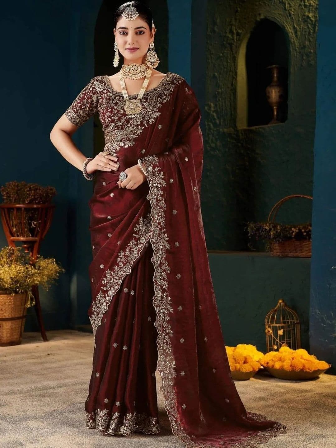 KALINI Paisley Embroidered Satin Designer Saree - view 1