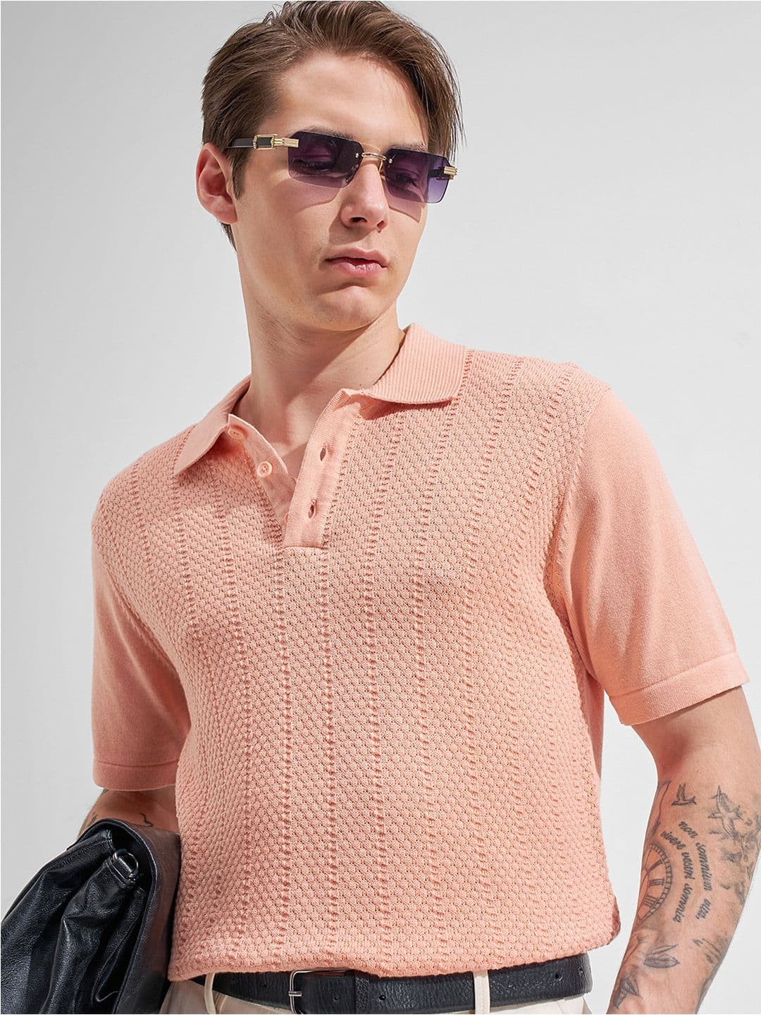 HIGHLANDER Men Relaxed Fit Pink Polo Self Design Tshirts - view 1