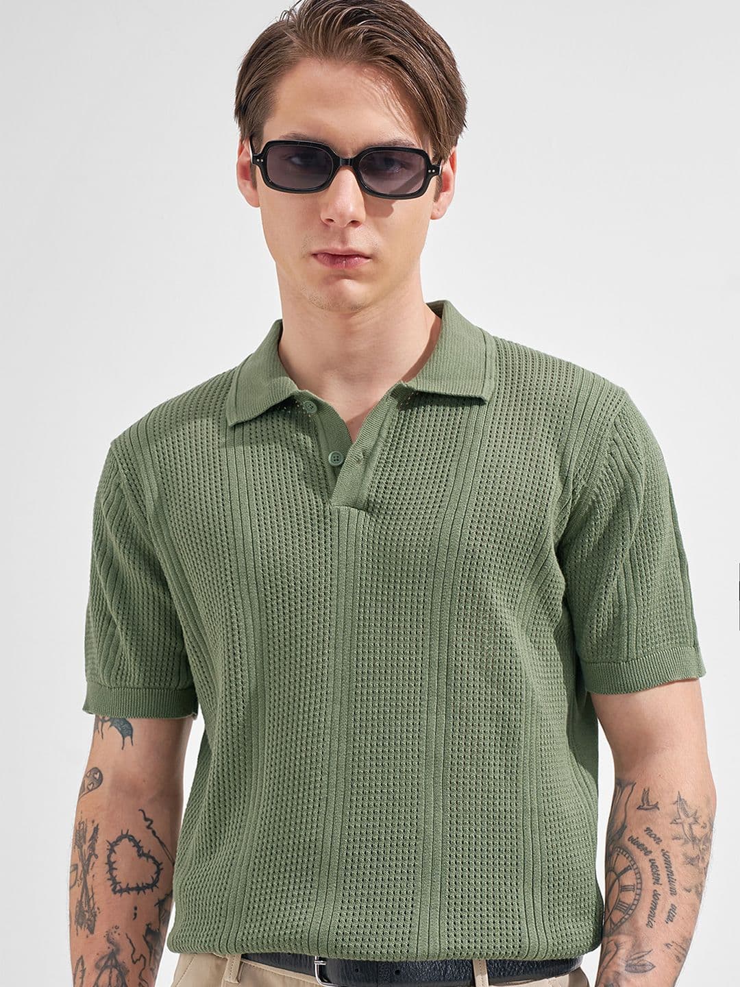 HIGHLANDER Men Relaxed Fit Olive Round Neck Half Sleeve Drop Shoulder Self Design Tshirts - view 1