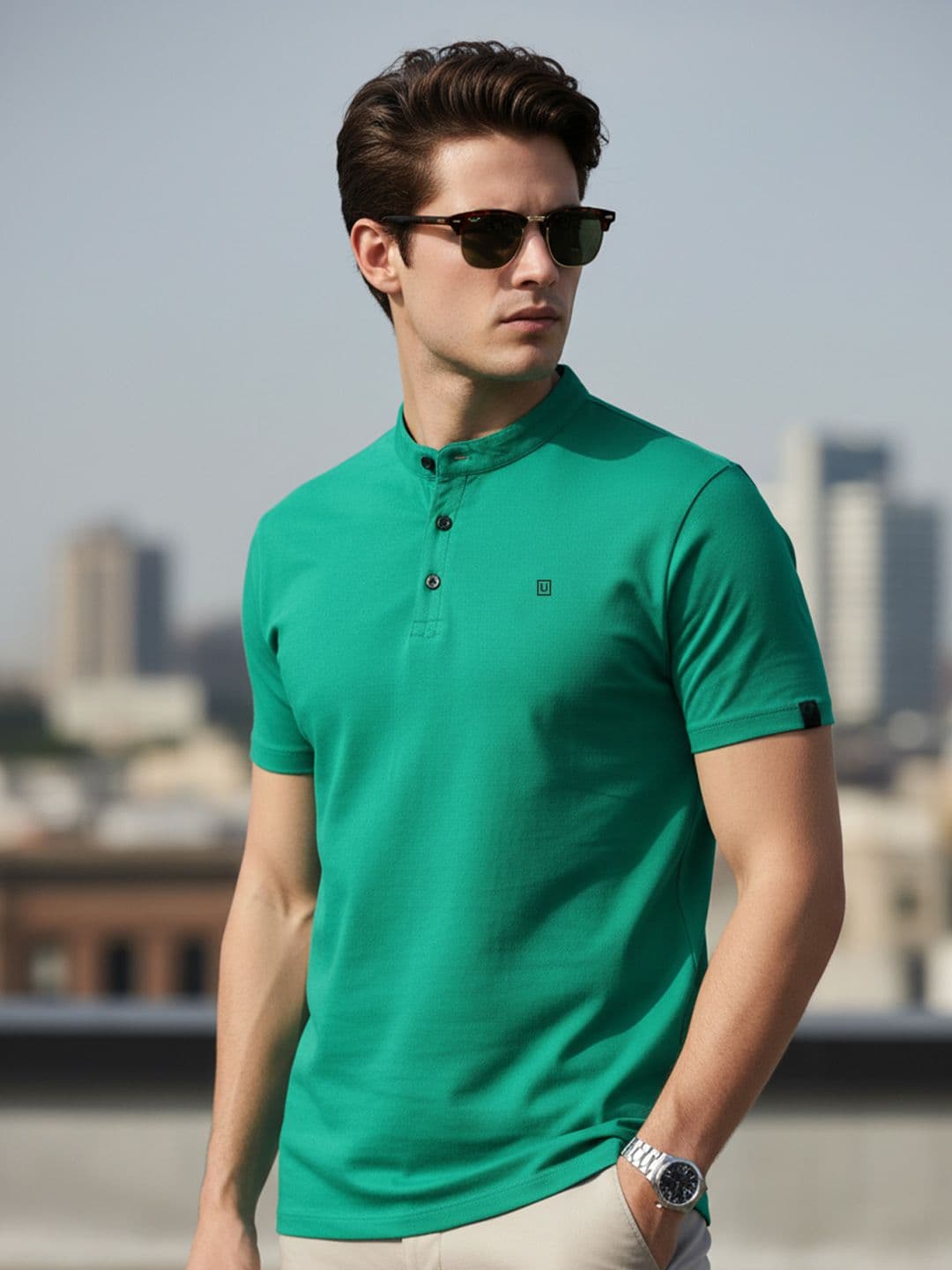 Urbano Fashion Men Teal Green Slim Fit Solid Mandarin Collar Pure Cotton T-shirt - view 1