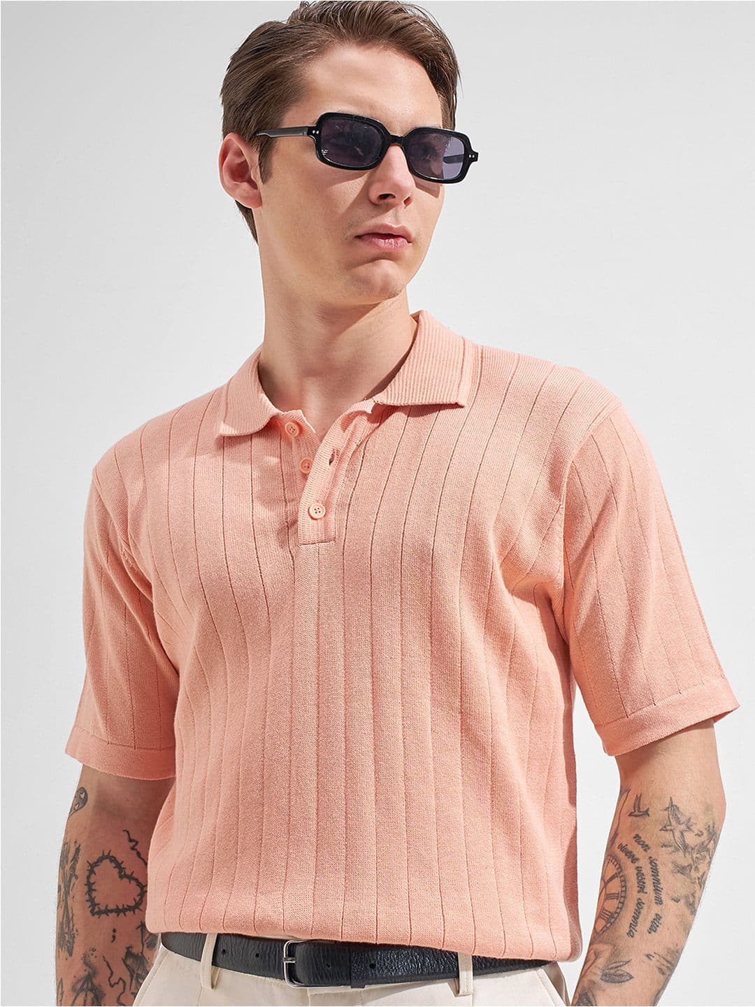 HIGHLANDER Men Relaxed Fit Pink Round Neck Half Sleeve Drop Shoulder Self Design Tshirts - view 1