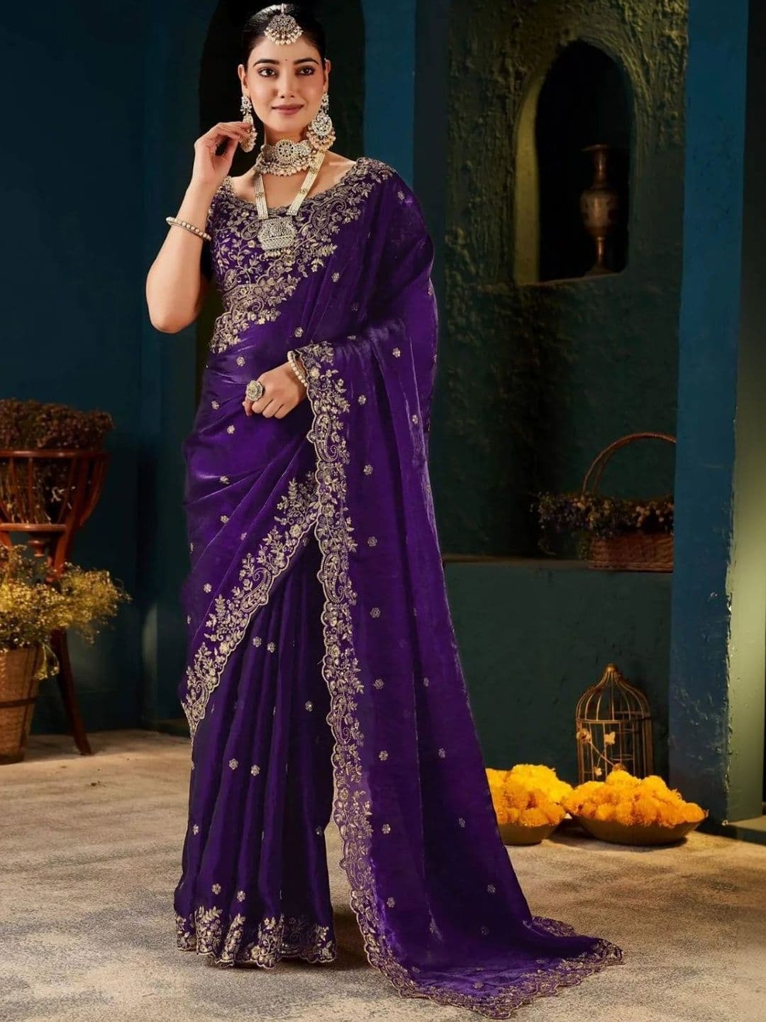KALINI Paisley Embroidered Satin Designer Saree - view 1