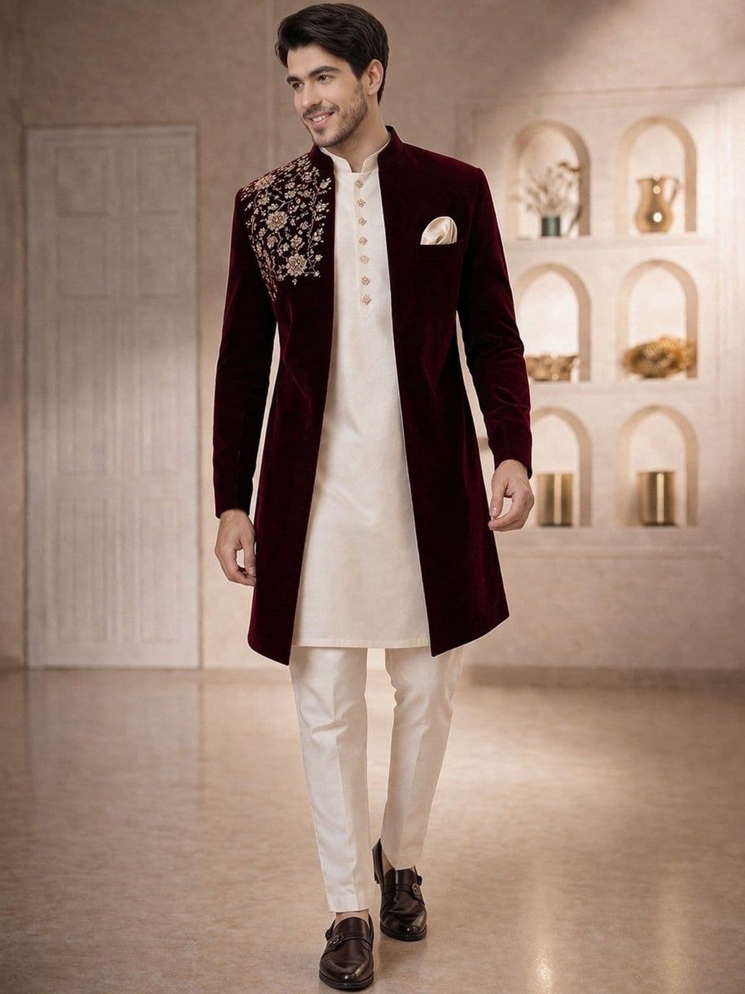 House of Pataudi Embroidered Mandarin Collar Sherwani Set