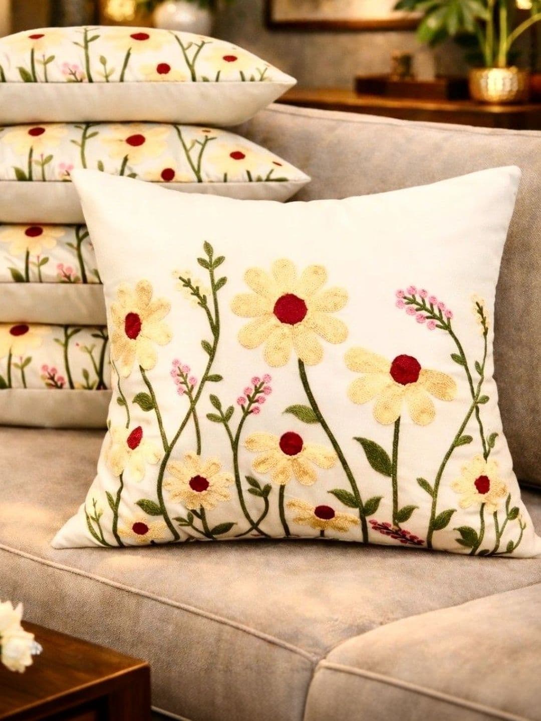LOFEY White Set of 5 Embroidered Satin Square Cushion Covers - view 1