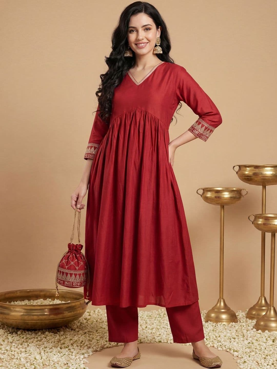 Indo Era Women Ethnic Motifs Embroidered Regular Liva Kurta with Trousers - view 1