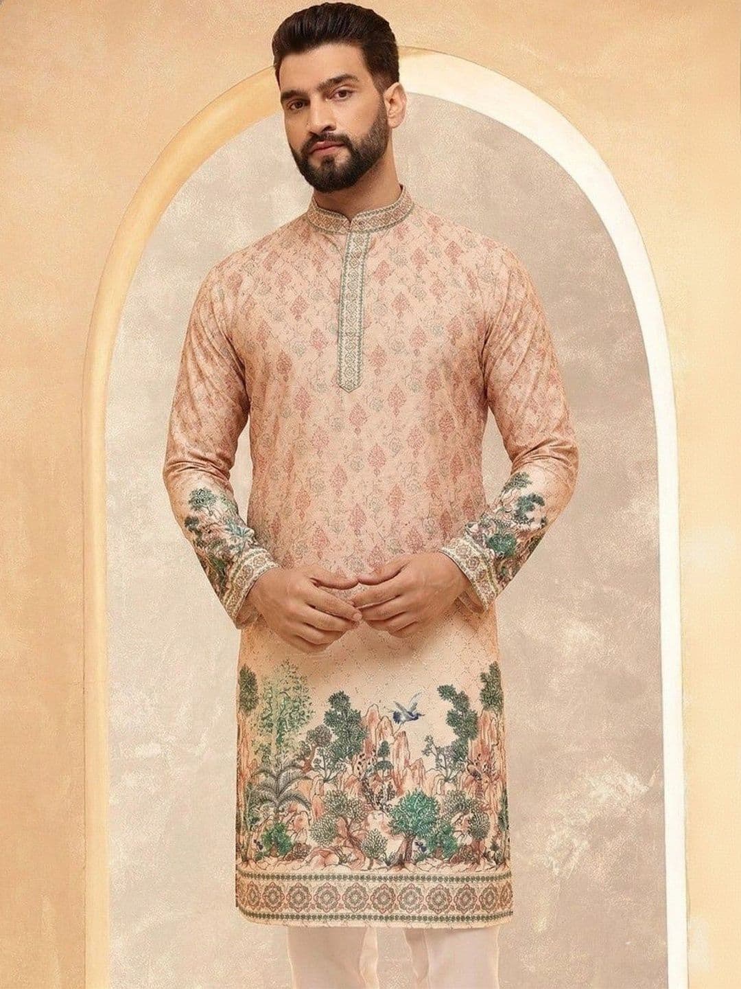VELKYNOX Men Ethnic Motifs Printed Sequinned Floral Kurta
