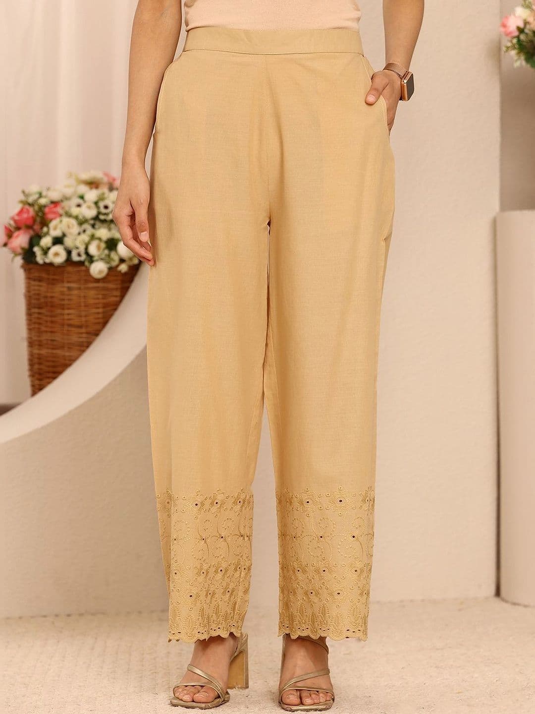 Libas Beige Embroidered Cotton Palazzos - view 1