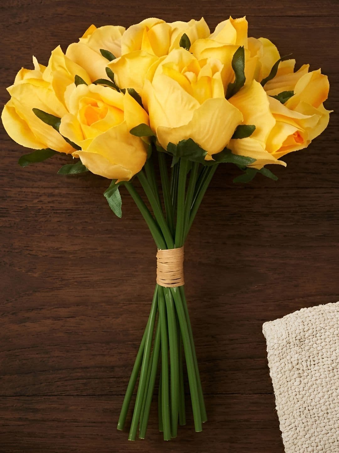 TIED RIBBONS Set Of 12 Yellow & Green Artificial Rose Flowers - view 1