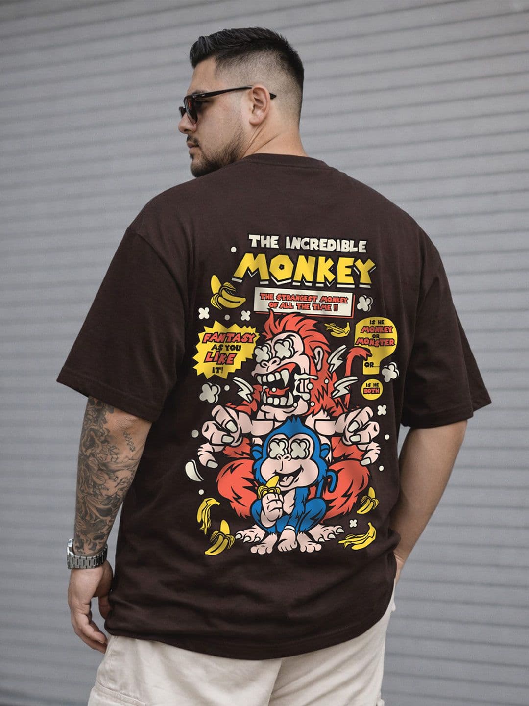 VEIRDO Men Brown Typography Printed Drop-Shoulder Sleeves Oversized Plus Size T-shirt - view 1