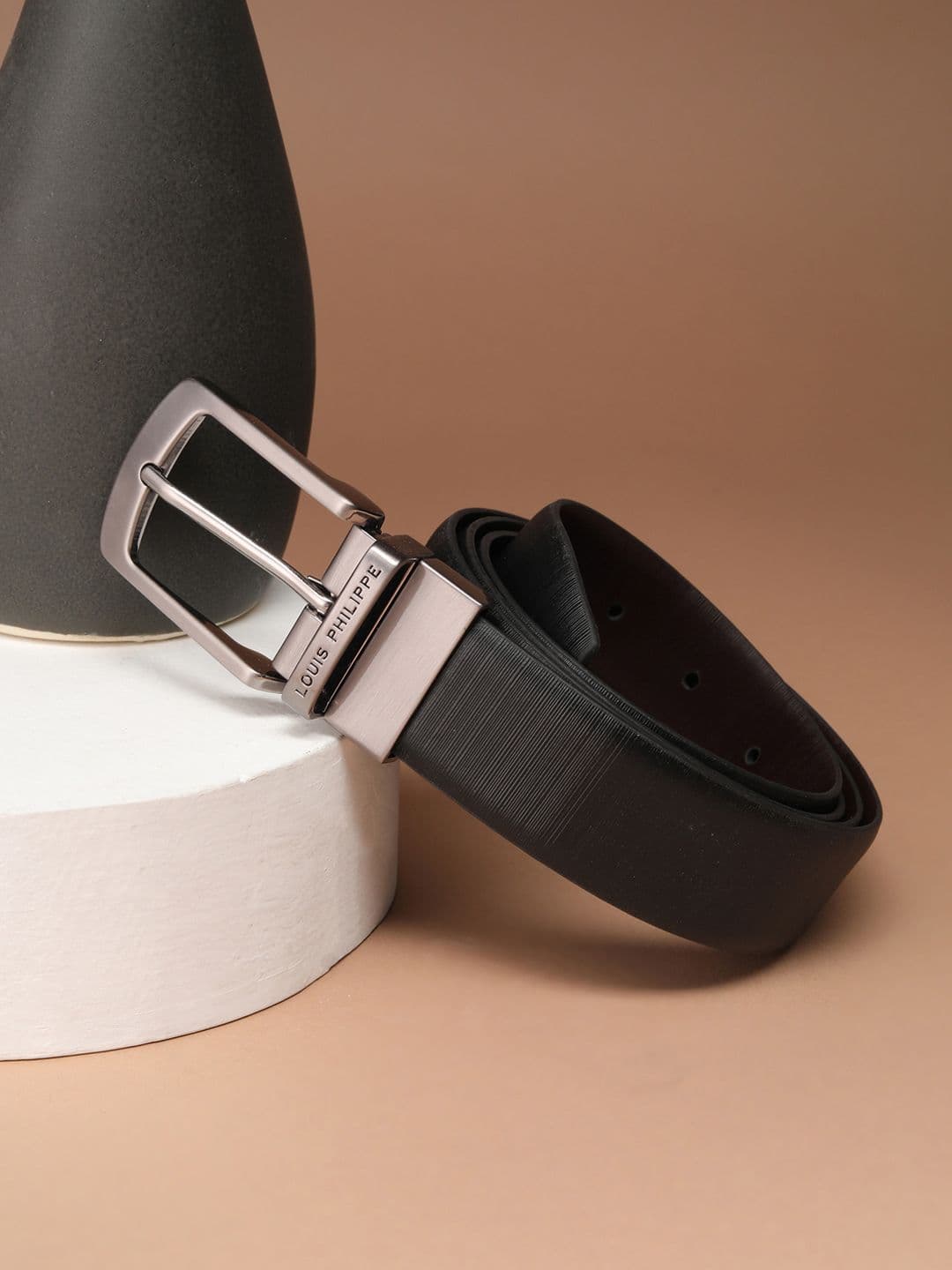 Louis Philippe Men Italian Leather Brush Gun Metal Buckle Formal Reversible Belt